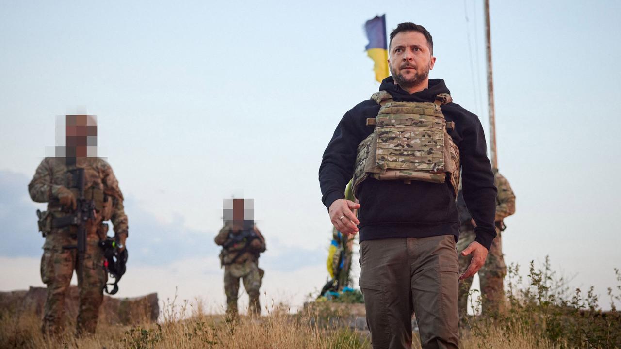 President Volodymyr Zelensky on the Snake Island (Zmiinyi Island) in the Odessa region to mark the 500th day since Russia invaded. Picture: Ukraine Presidential Press Service/AFP