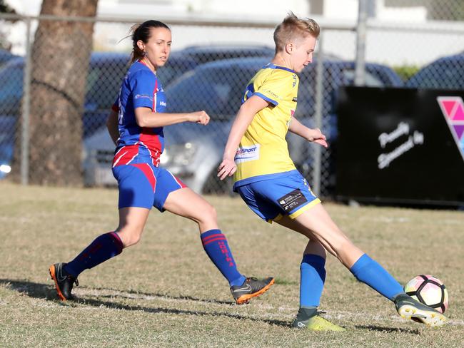 Player of the match Emily Anderson scores the opening goal for Broadbeach on Sunday. Picture: Richard Gosling