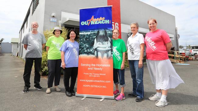 Theresa Mitchell (far right) with workers outside the donated Agape premises at Tweed Heads last year. Picture: Scott Powick