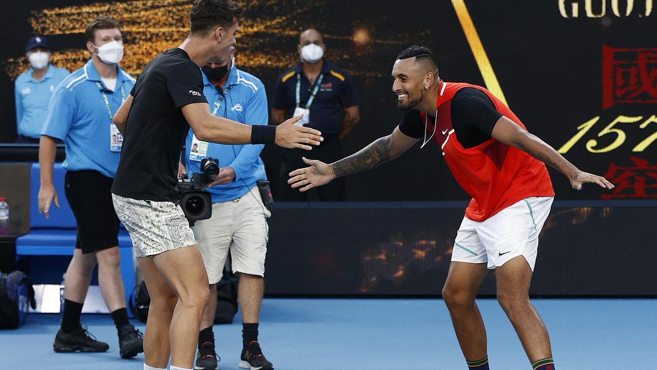 Thanasi Kokkinakis and Nick Kyrgios ham it up after their win over the doubles No.1 seed. Picture: Getty Images