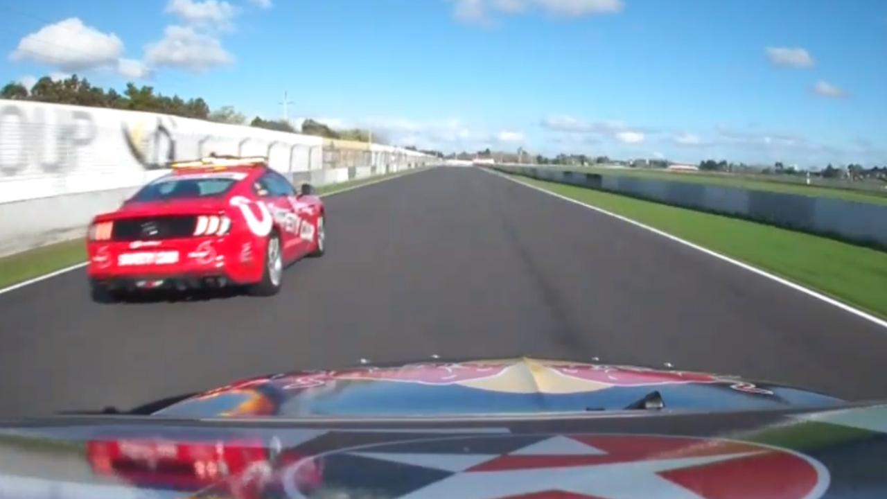 The on-board shot from Jamie Whincup’s car as he overtakes the Safety Car.