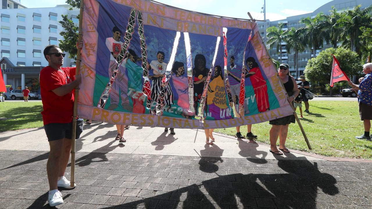 Australian Education Union members marched through Darwin for the annual May Day march, celebrating union victories including the eight-hour work week, on Monday, May 5. Picture: Zizi Averill