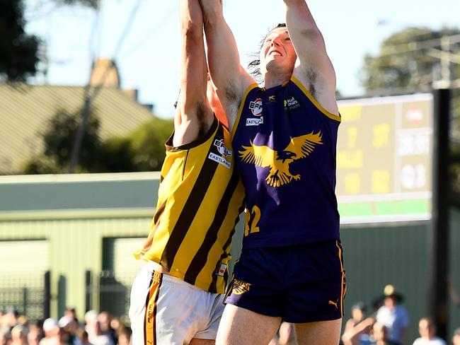 Campbell Barker of Vermont Eagles marks during the 2023 Eastern Football Netball League Premier Division Seniors Grand Final match between Vermont and Rowville at Bayswater Oval in Bayswater, Victoria on September 16, 2023. (Photo by Josh Chadwick)