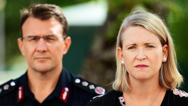 Acting NT Chief Minister, Nicole Manison addresses the media on Wednesday morning out front of the NT Parliament House with the NT Police Commissioner Reece Kershaw, regarding the rape of a 2 year girl in Tennant Creek. Picture: Justin Kennedy