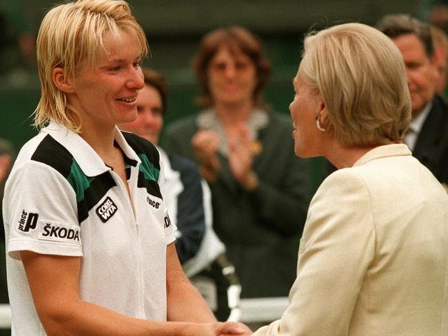 Wimbledon champion in 1998 ... Jana Novotna of the Czech Republic is congratulated by the Duchess of Kent. Photo: AP