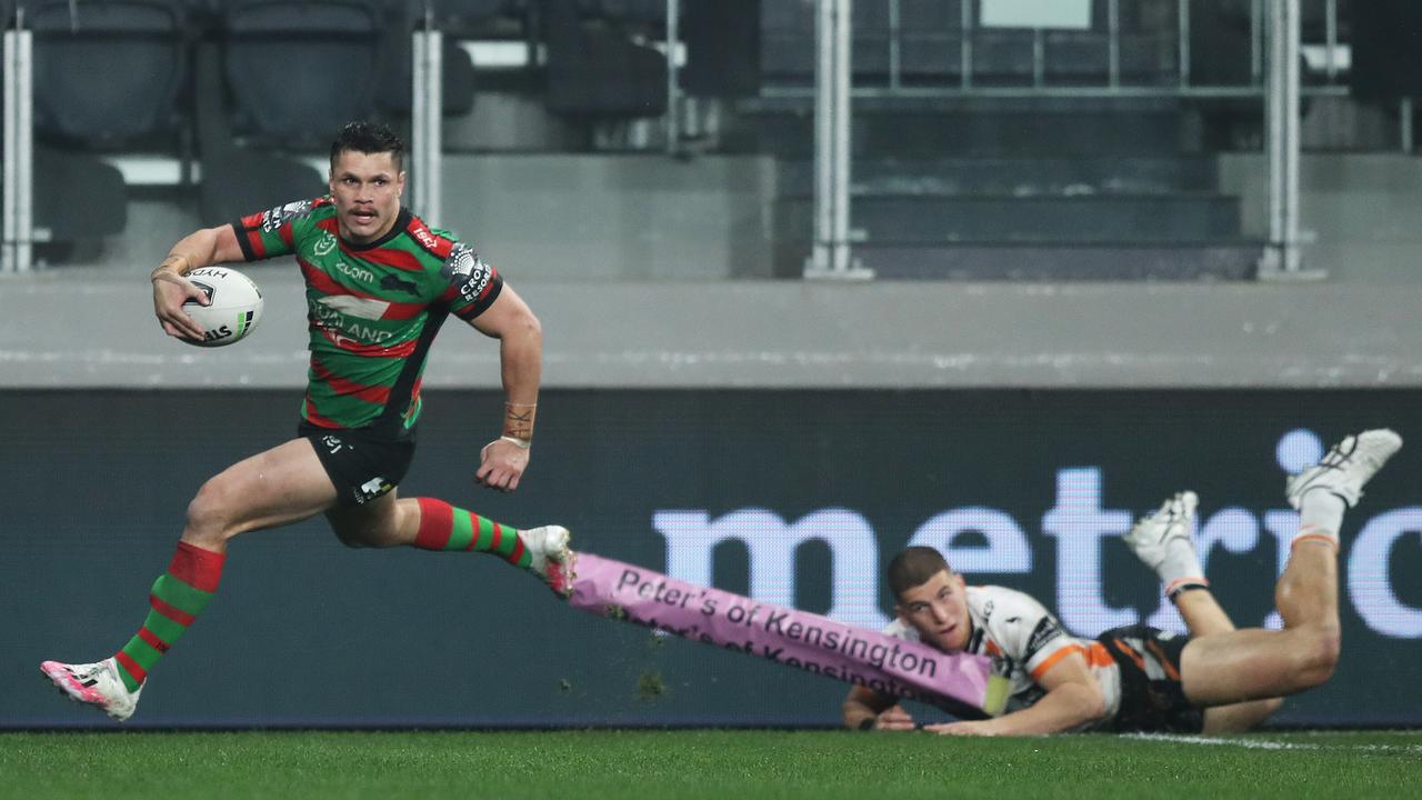 James Roberts scores against the Tigers in round nine, the team he is potentially looking to join in 2021. Picture: Brett Costello