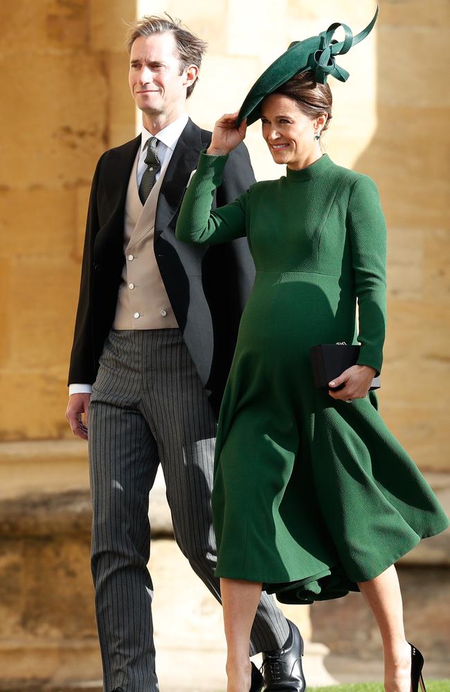 James Matthews and heavily-pregnant wife Pippa Middleton at Princess Eugenie’s wedding on Friday. Picture: Getty Images