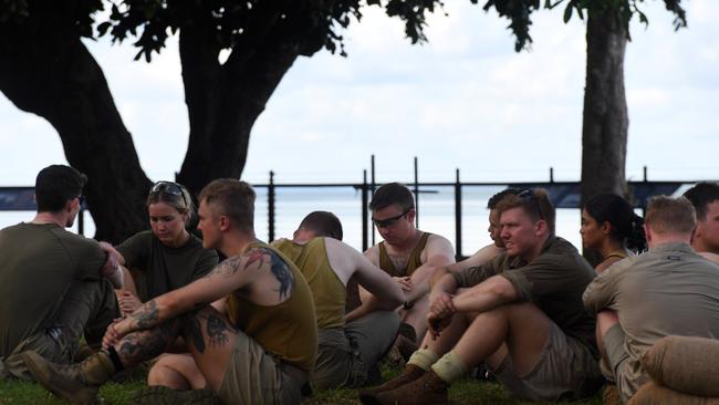 Gunners sit in the shade at the 81st commemoration of the Bombing of Darwin held at the cenotaph on the esplanade. Picture: (A) manda Parkinson