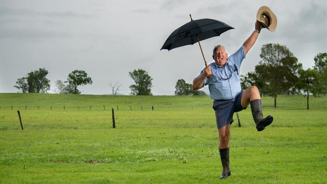 Gatton grazier Bill Hallas jumping for joy earlier this year when it rained in Gatton. PHOTO: Ali Kuchel.