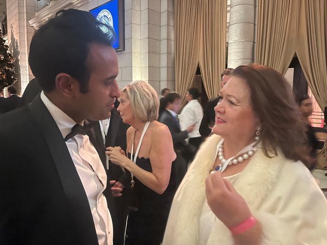 Australian billionaire Gina Rinehart with United States politician Vivek Ramaswamy at the Starlight Ball in Washington D. following the inauguration for President Donald Trump.