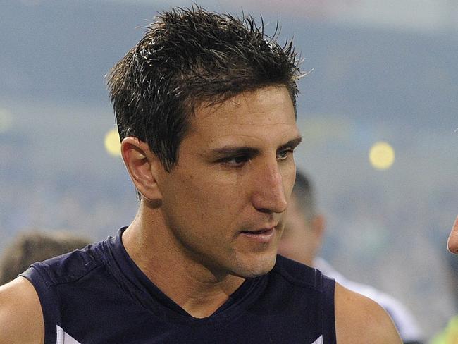 SPORT - AFL Round 6, Fremantle Dockers vs Essendon Bombers, Domain Stadium, Perth. Photo by Daniel Wilkins. PICTURED - Fremantle's captain Matthew Pavlich chats with coach Ross Lyon after the match