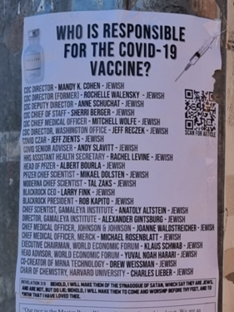 A poster in the CBD with ‘Who is Responsible for the COVID-19 Vaccine?’ and a list of 22 names with ‘JEWISH’ at the end of each name. Picture: Supplied