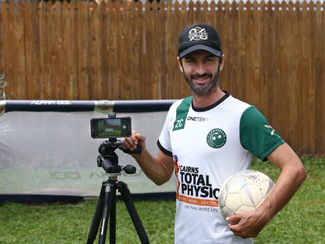 Zenon Caravella from Caravella Football Academy has been running live football sessions in his backyard so his students can keep their skills sharp during the coronavirus pandemic. PICTURE: BRENDAN RADKE.