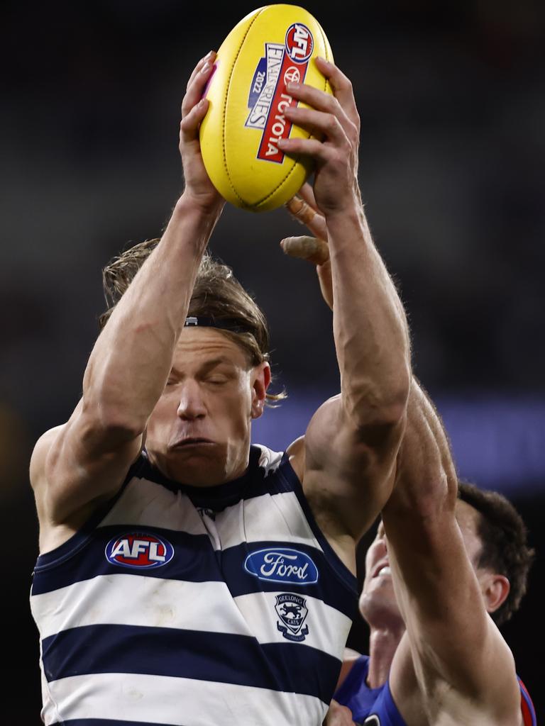 Rhys Stanley takes a mark against Brisbane. Picture: Darrian Traynor/AFL/Getty