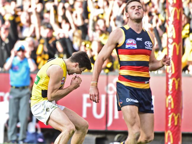 Trent Cotchin celebrates on the siren after Richmond’s upset victory against minor premier Adelaide in the 2017 Grand Final. Picture: Stephen Harman