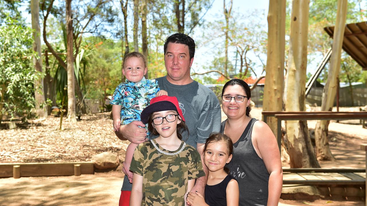 Peter and Trista Knight with children Aidan 11 mths, Hailey, 9, and Elena, 8, pictured at Billabong Sanctuary. Picture: Shae Beplate.