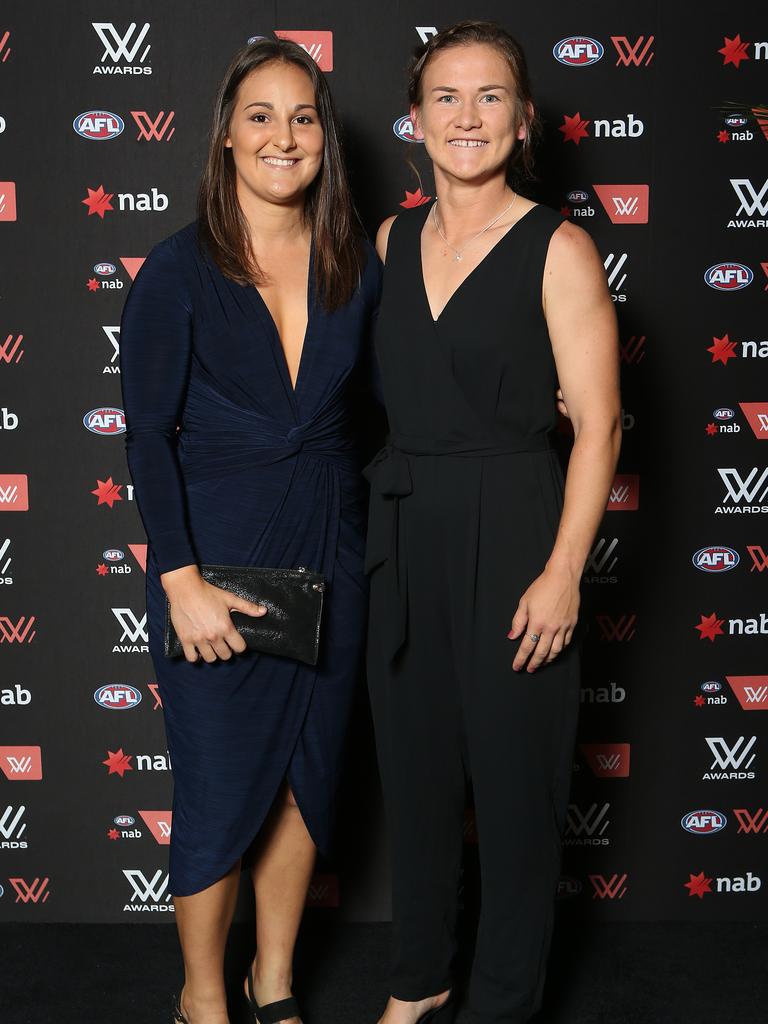 Bre Koenen and Shannon Campbell of the Brisbane Lions pose for a photo during the 2021 AFLW W Awards at The Gabba on April 20, 2021 in Brisbane, Australia. (Photo by Jono Searle/Getty Images)