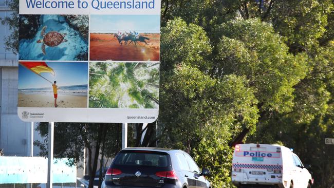 Police patrol the border with NSW at Tweeds Heads. Picture Glenn Hampson