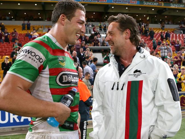 Russell Crowe and ex NRL player Sam Burgess are good mates. Picture: Darren England