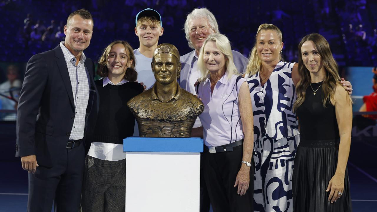 Lleyton Hewitt with family, wife Bec, son Cruz, daughter Ava, parents Cherilyn and Glynn and sister Jaslyn. Picture: Michael Klein