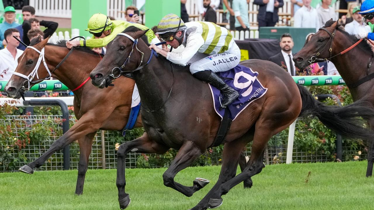 Skybird swoops late to win the Group 1 Black Caviar Lightning at Flemington on Saturday. Picture: George Sal/Racing Photos via Getty Images