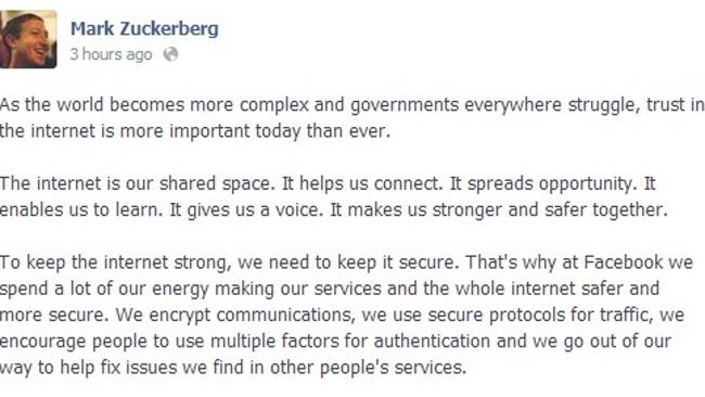 A snippet of Zuckerberg’s Facebook post stating how he contacted President Obama. 