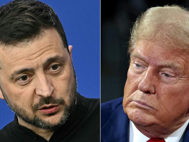 (COMBO) This combination of pictures created on November 07, 2024 shows Ukraine's President Volodymyr Zelensky (l) gives a press conference at the European Political Community Summit in Budapest, Hungary, on November 7, 2024, and former US President and Republican presidential candidate Donald Trump (R) attends a town hall meeting moderated by Arkansas Governor Sarah Huckabee Sanders at the Dort Financial Center in Flint, Michigan, on September 17, 2024. Ukrainian President Volodymyr Zelensky on November 7, 2024 said it would be 