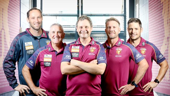 Mitch Hahn, Chris Fagan, Paul Henriksen, Scott Borlace and Zane Littlejohn at Lions training last year. Picture: Steve Pohlner