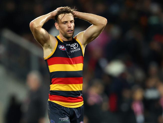 Brodie Smith reacts at the final siren. (Photo by Sarah Reed/AFL Photos via Getty Images)