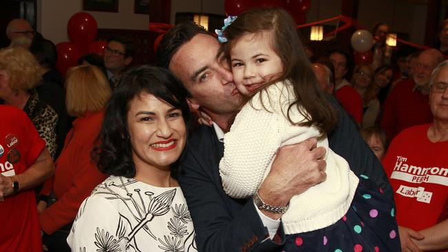 Tim Hammond, Labor candidate for Perth, arriving at the Bayswater Hotel with his wife Lindsay and daughter Sidney (4). PHOTO: MARIE NIRME.