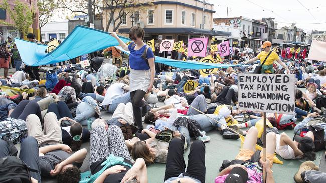 Activists from Extinction Rebellion at their “drown-in”. Picture: AAP Image/Ellen Smith