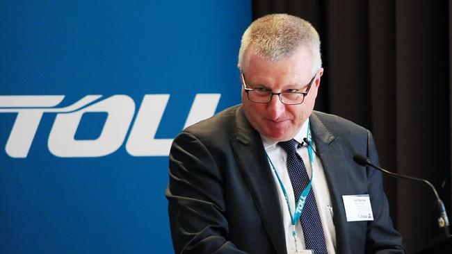 Toll Holdings chief executive Michael Byrne speaking at an American Australia chamber of commerce luncheon in Melbourne in 2018. Aaron Francis/The Australian