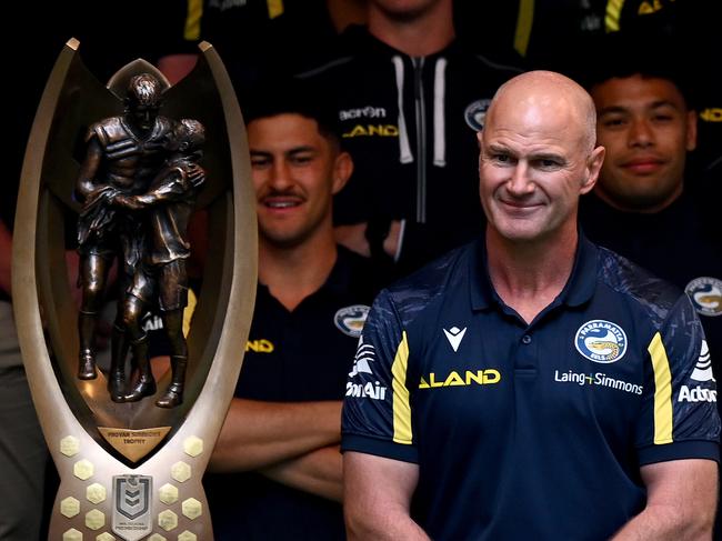 Panthers coach Ivan Cleary and Eels coach Brad Arthur during the NRL grand final fan fest at Martin Place in Sydney, Thursday, September 29, 2022. The Penrith Panthers will play the Parramatta Eels in the 2022 NRL grand final. (AAP Image/Dan Himbrechts) NO ARCHIVING