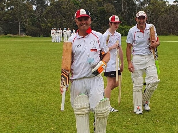 Chris Cay walks off after scoring his 12th century for Balnarring. Picture: Facebook