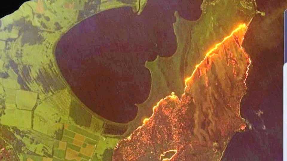 A satellite image of the fire burning towards Angourie and Wooloweyah. Picture: Yamba 510 Fire and Rescue