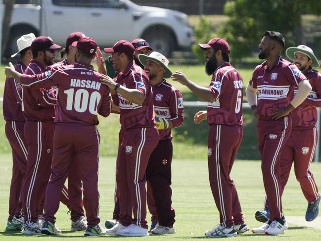 North Dandenong players celebrate a Springvale South wicket. Picture: Valeriu Campan