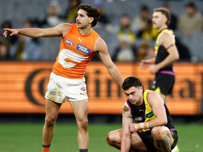 Toby Bedford after his tackle on Tim Taranto. (Photo by Michael Willson/AFL Photos via Getty Images)