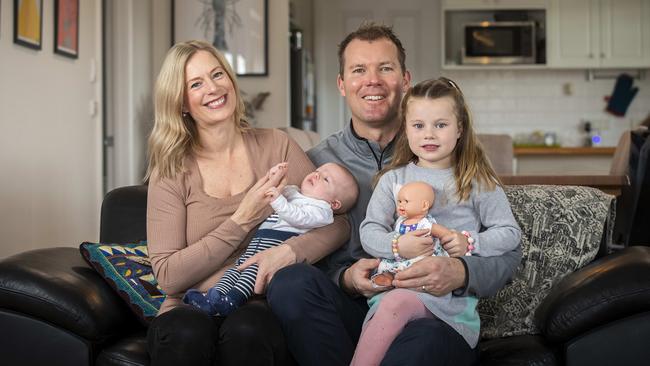 Tasmanian Labor leader Rebecca White with her husband Rodney Dann and children Hudson (7 weeks) and Mia 5. Picture: Chris Kidd