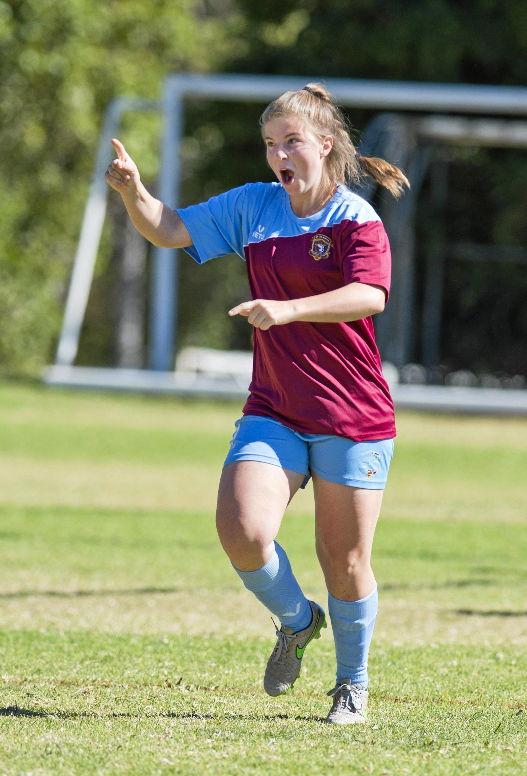 Sarah Glass, St Albans celebrates Savannah Orcher's goal. Womens West Wanderers vs St Albans. Sunday, 20th May, 2018. Picture: Nev Madsen