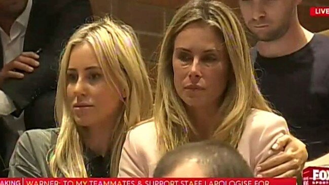 Candice Warner is comforted by Roxy Jacenko at her husband David Warner's press conference in 2018.