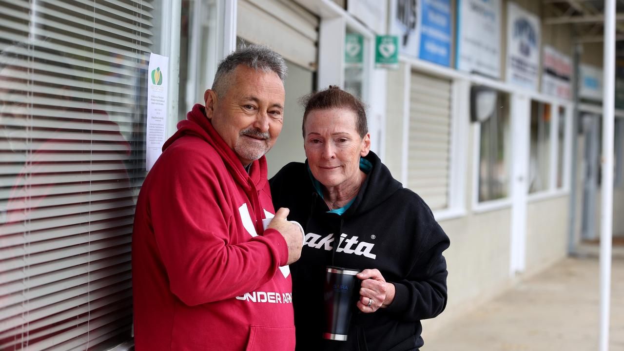 Steve and Jill Hoare at taking refuge at the Echunga football club as their homes are in direct line of the possible flooding at Echunga. Picture: Kelly Barnes