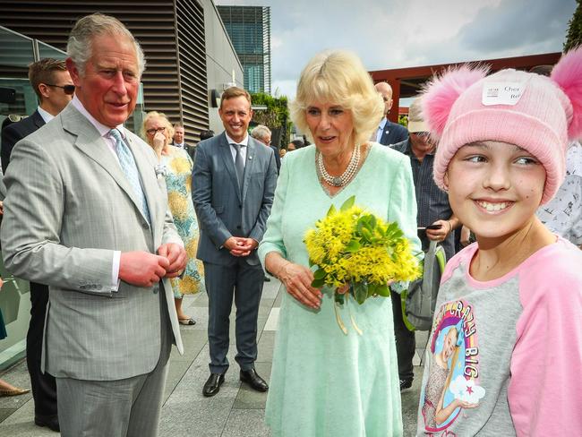 Prince Charles and Camilla, Duchess of Cornwall, greet Cherish Rose during an official visit to the Lady Cilento Children’s Hospital in Brisbane. Picture: Patrick Hamilton/AFP