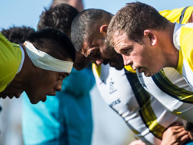 The Qantas Wallabies train at Gosch's Paddock in Melbourne ahead of the first June test against Fiji. Allan Alaalatoa packs down against Toby Smith.