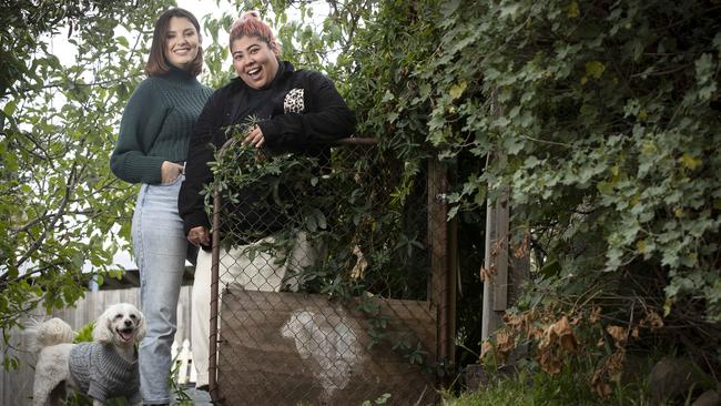 Grace Garde and her partner Diana Kalkoul, with their dog Bailey. at home in Hobart. Picture: Chris Kidd