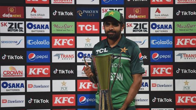 Pakistan's captain Babar Azam poses with the trophy after winning the ODI series against Australia. Picture: AFP