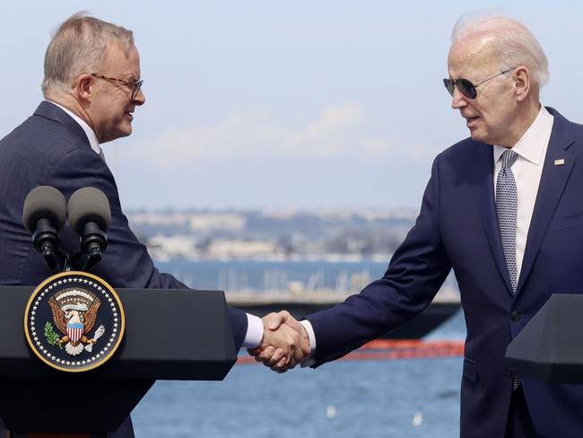 NETWORK NEWS PREMIUM CONTENT: NO THE AUSTRALIAN/NO NEWS.COM/NO SKY NEWS SAN DIEGO, CA USA-MARCH 12:  Prime Minister of Australia Anthony Albanese and U.S. President Joe Biden at shake hands at Submarine Base Point Loma on Monday, March 13, 2023 in San Diego, California.(Photo by Sandy Huffaker for NewsCorp)