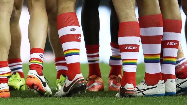 Sydney Swans and St Kilda played a ‘Pride’ game last year, with the Swans wearing socks with rainbow colours to celebratre diversity and inclusion of all people in sport. Picture: Getty