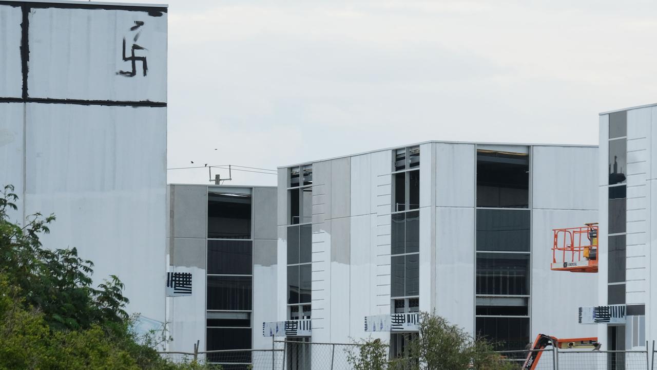 A Nazi swastika symbol was painted on a massive warehouse complex being constructed behind Visy Recycling on Thompson's road in North Geelong. Picture: Mark Wilson