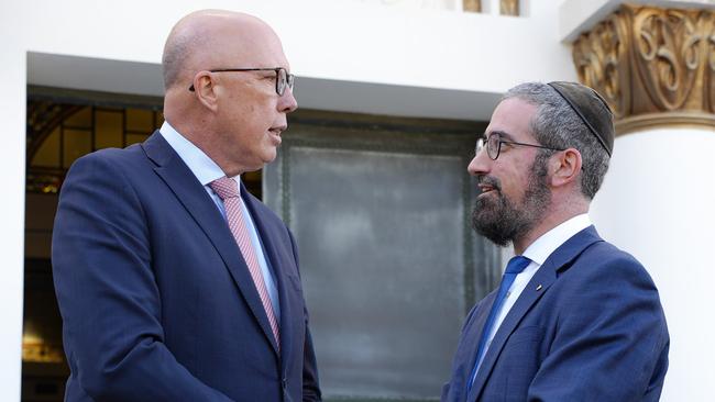 Opposition Leader Peter Dutton and Rabbi Yaakov Glasman outside the St Kilda synagogue in April. Picture: NCA NewsWire