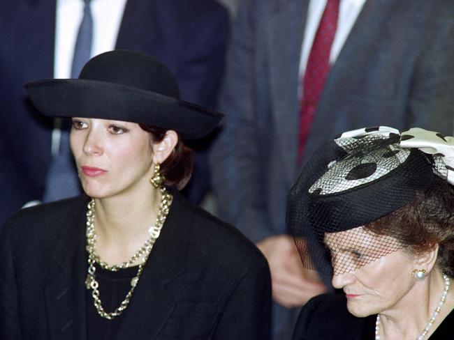 Ghislaine Maxwell, pictured at her father’s funeral in the early 1990s, is awaiting trial on sex trafficking charges. Picture: AFP